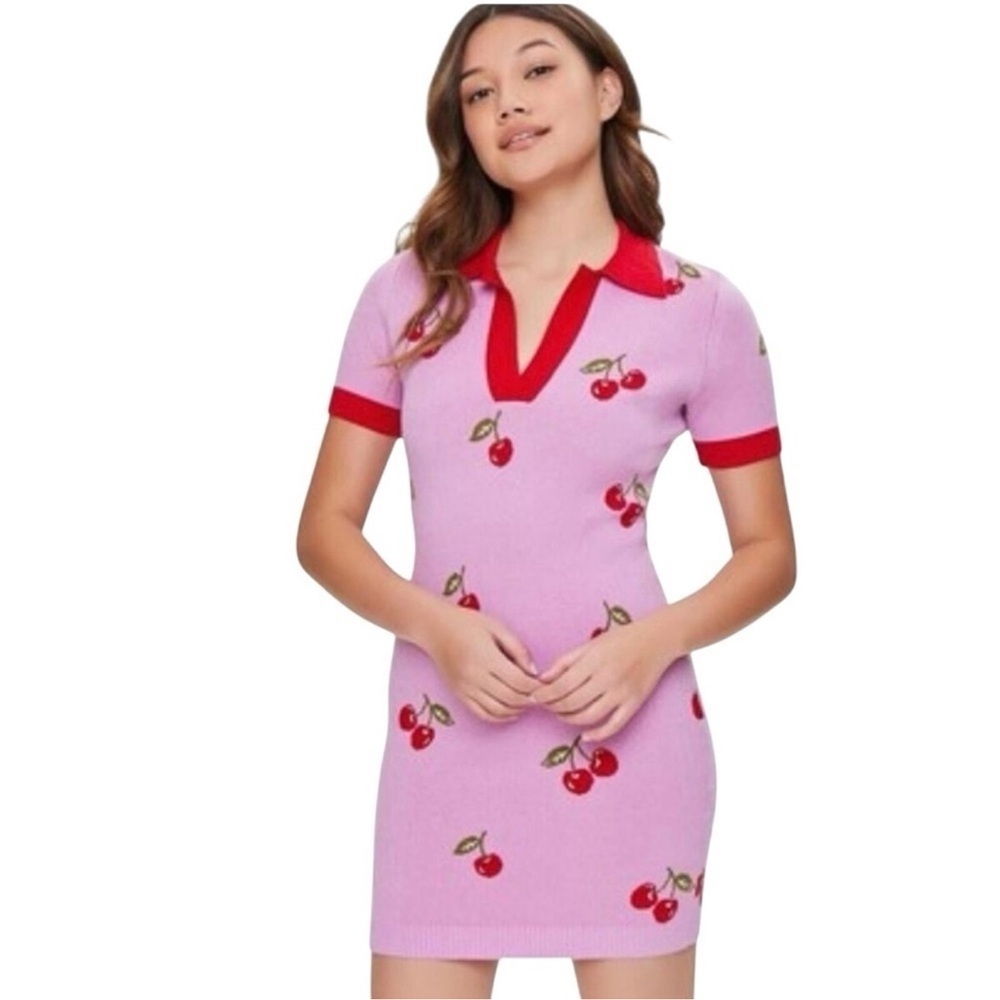 Forever 21 Pink Cherry Knit Polo Mini Dress Size L